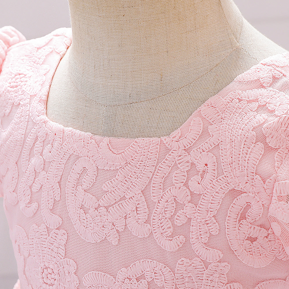 Pink Round Neck Puff Sleeve Fit & Flare Dress