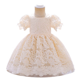 Girls Champagne Square neck Puff Sleeves Fit & Flare Dress