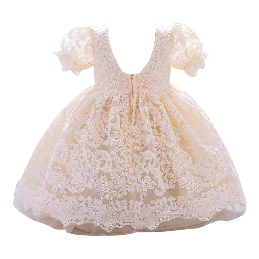 Girls Champagne Square neck Puff Sleeves Fit & Flare Dress