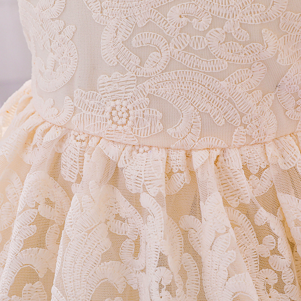 Girls Champagne Square neck Puff Sleeves Fit & Flare Dress