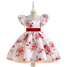 White & Red Floral Print Puff Sleeve Fit & Flare Dress