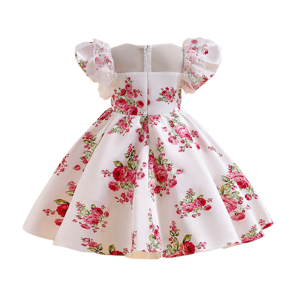 White & Red Floral Print Puff Sleeve Fit & Flare Dress