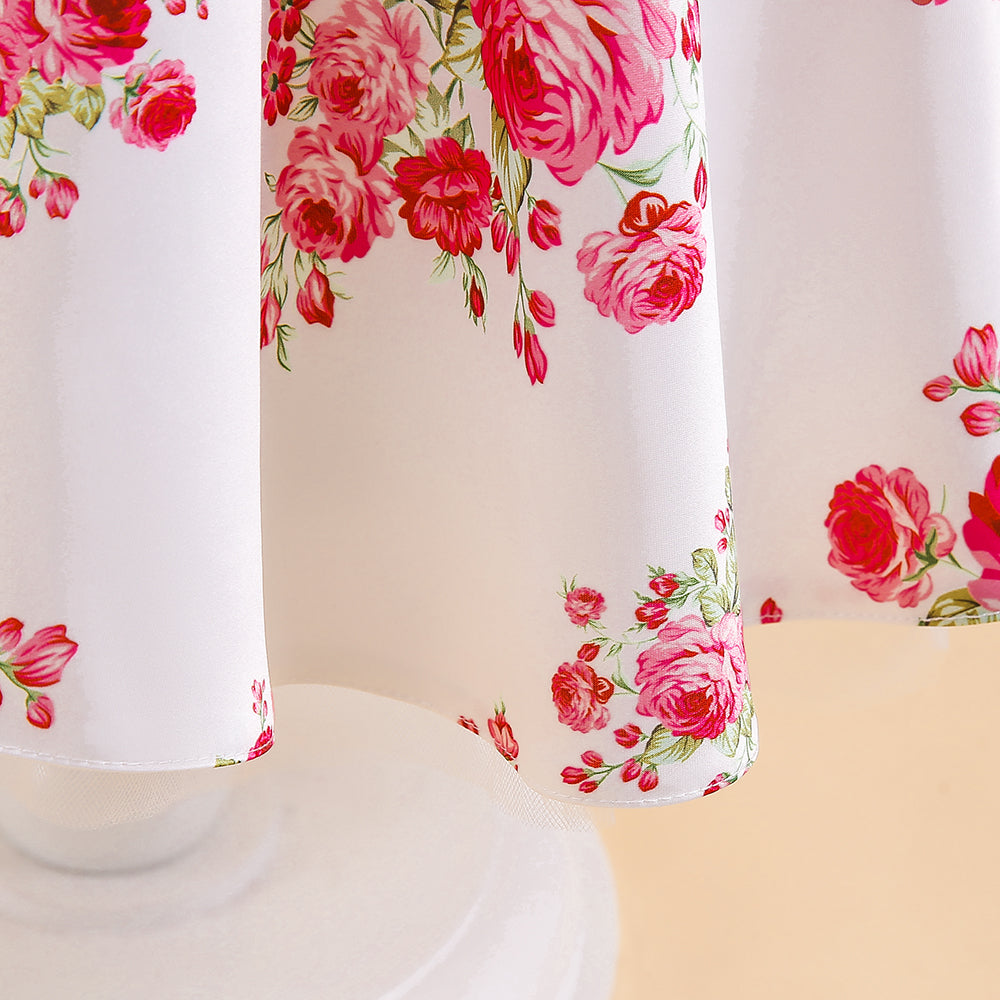 White & Red Floral Print Puff Sleeve Fit & Flare Dress
