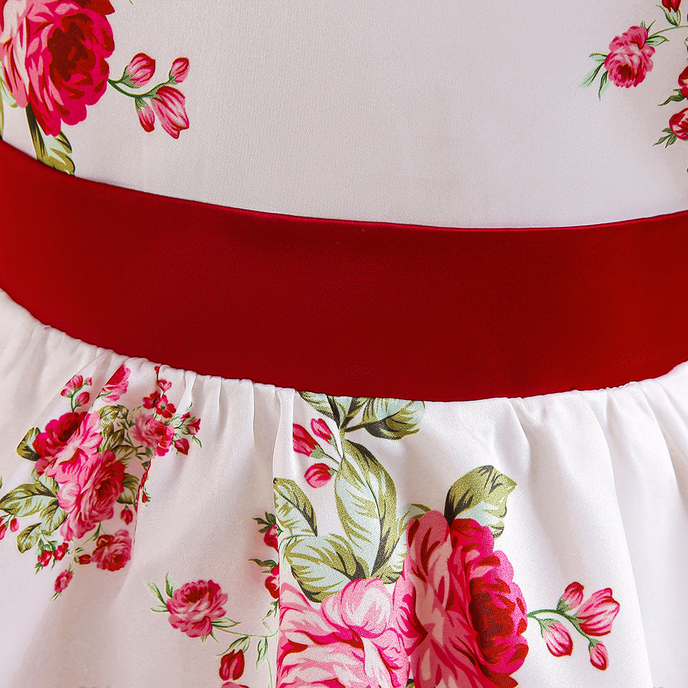 White & Red Floral Print Puff Sleeve Fit & Flare Dress