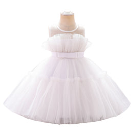 Girls White Ruffled Shoulder Straps Balloon Dress