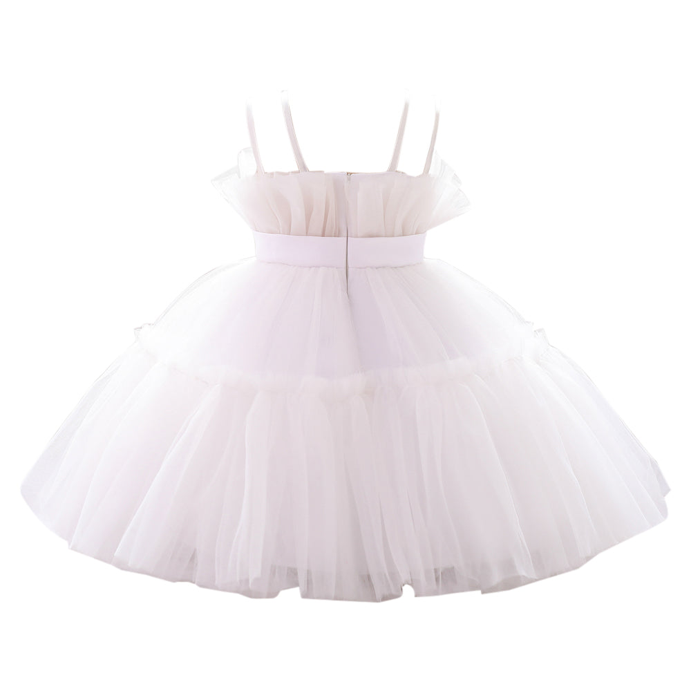 Girls White Ruffled Shoulder Straps Balloon Dress