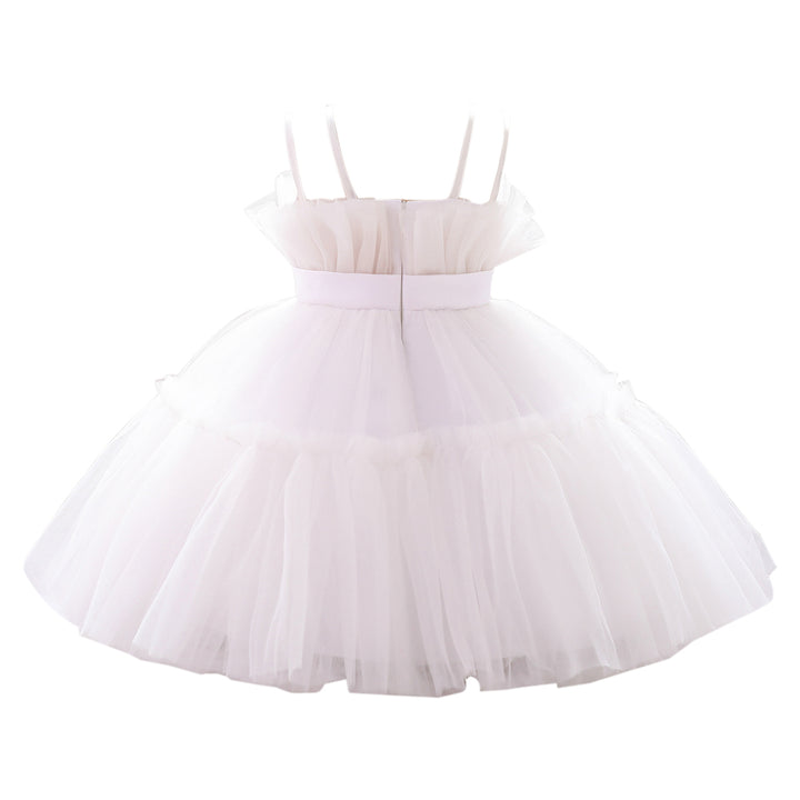 Girls White Ruffled Shoulder Straps Balloon Dress