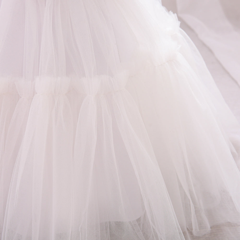 Girls White Ruffled Shoulder Straps Balloon Dress