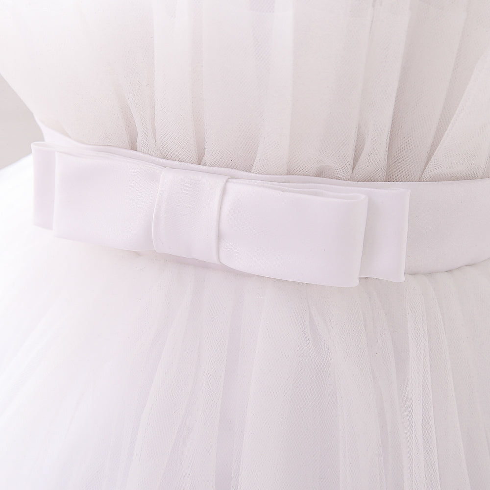 Girls White Ruffled Shoulder Straps Balloon Dress