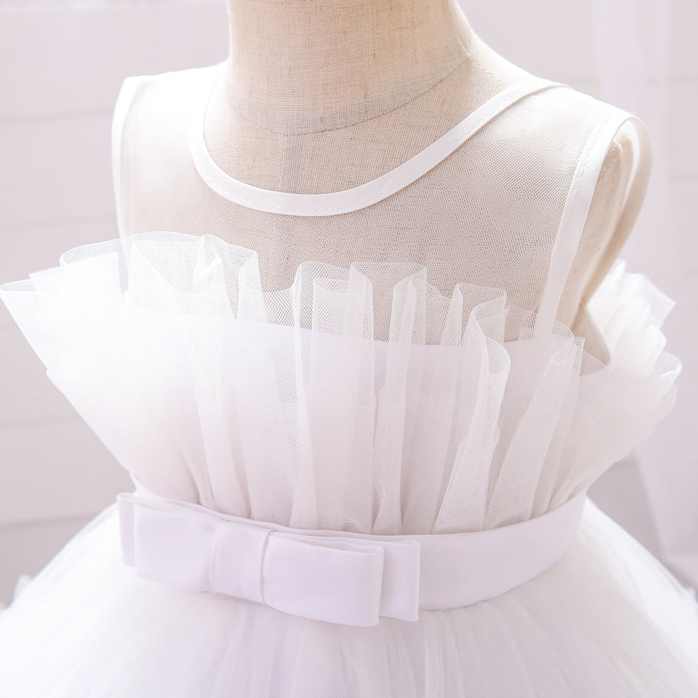 Girls White Ruffled Shoulder Straps Balloon Dress