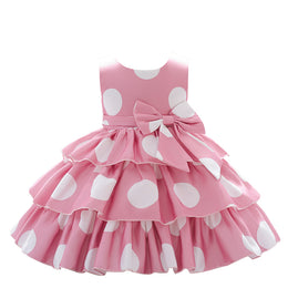 Girls Pink & White Polka Dot Printed Layered & Bow detail Fit & Flare Dress