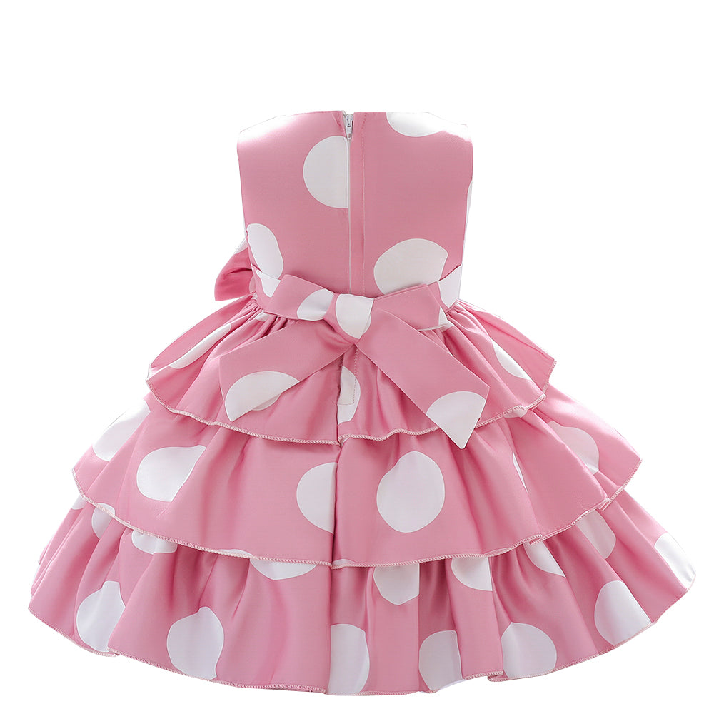 Girls Pink & White Polka Dot Printed Layered & Bow detail Fit & Flare Dress