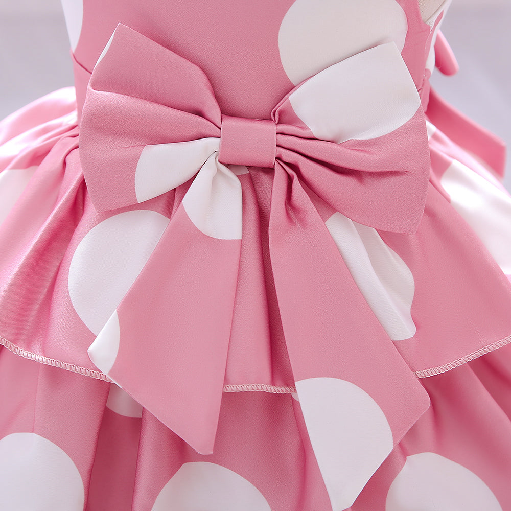 Girls Pink & White Polka Dot Printed Layered & Bow detail Fit & Flare Dress