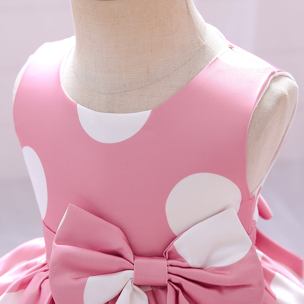 Girls Pink & White Polka Dot Printed Layered & Bow detail Fit & Flare Dress