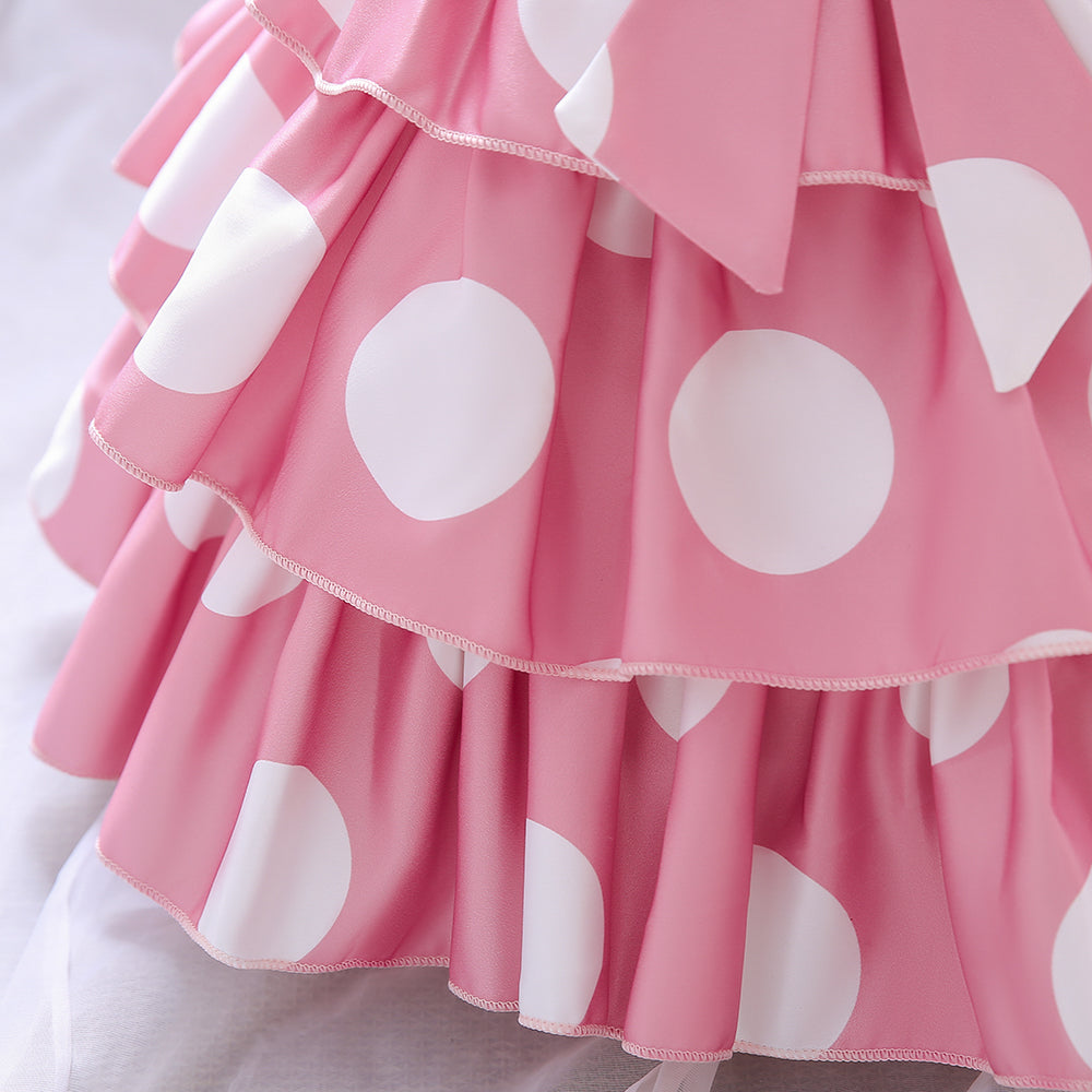 Girls Pink & White Polka Dot Printed Layered & Bow detail Fit & Flare Dress