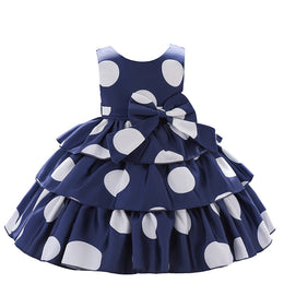 Girls Navy Blue Polka Dot Printed Layered Fit & Flare Dress