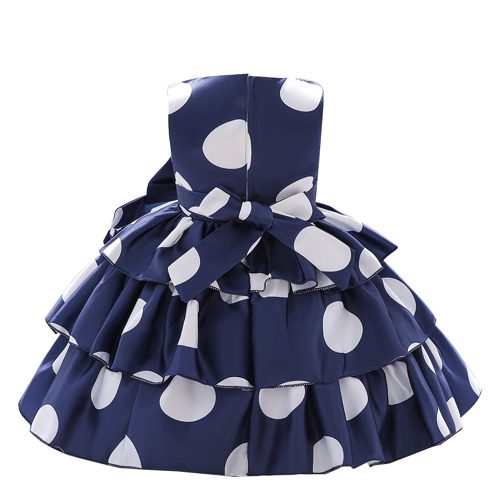 Girls Navy Blue Polka Dot Printed Layered Fit & Flare Dress