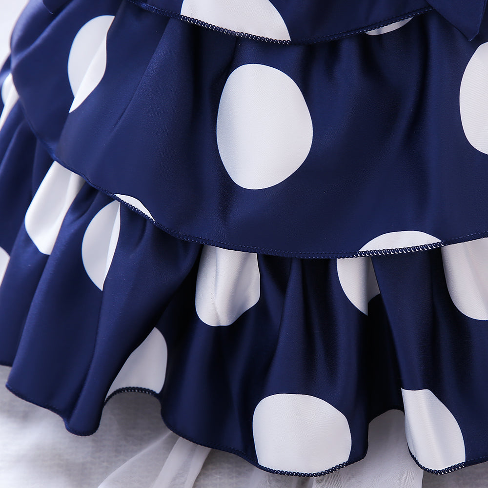 Girls Navy Blue Polka Dot Printed Layered Fit & Flare Dress