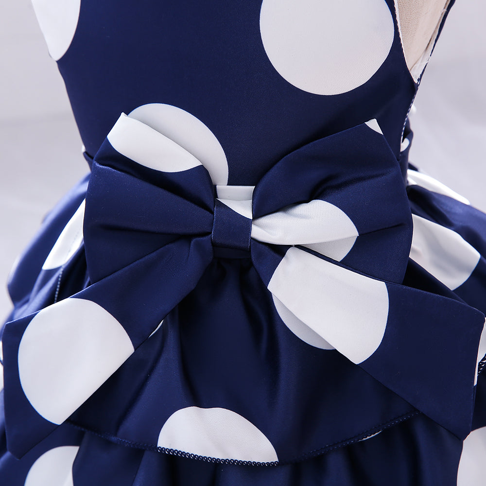 Girls Navy Blue Polka Dot Printed Layered Fit & Flare Dress
