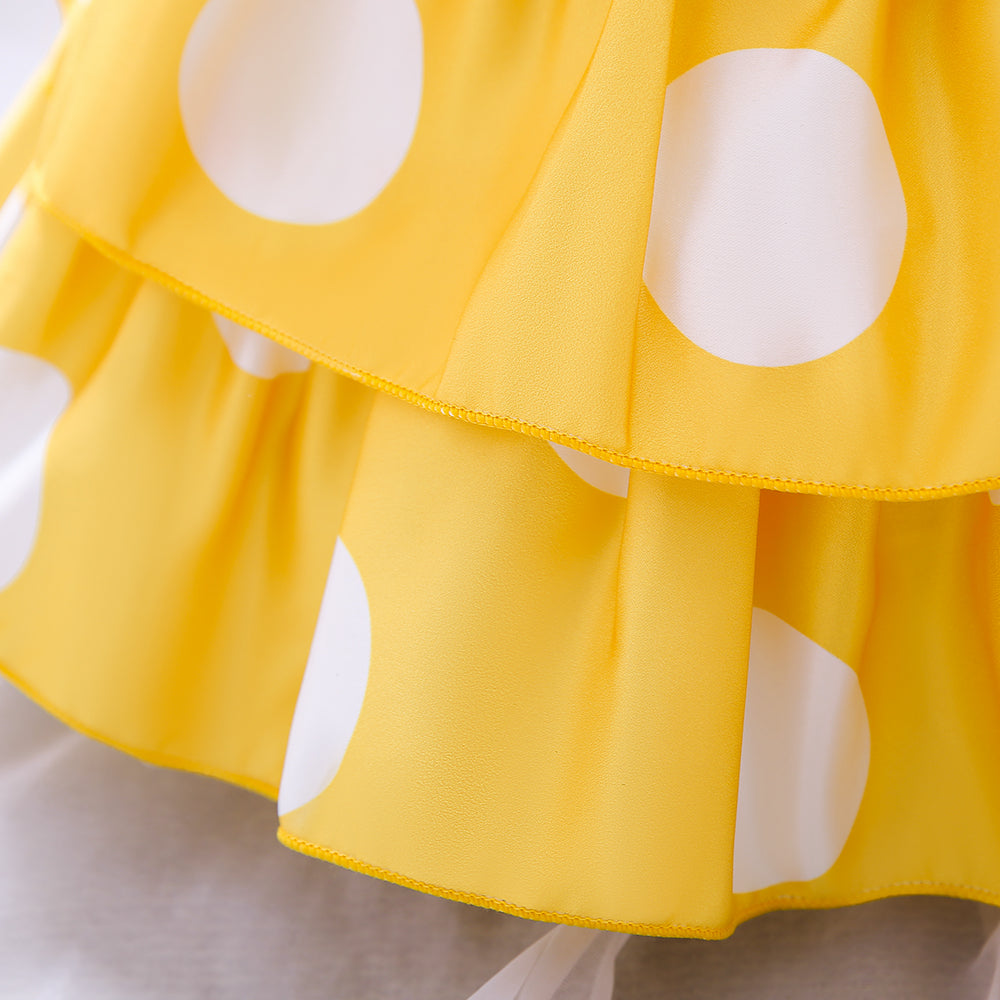 Yellow Girls Polka Dot Print Layered Fit & Flare Maxi Dress