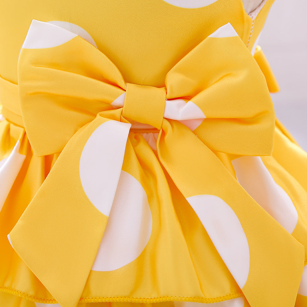 Yellow Girls Polka Dot Print Layered Fit & Flare Maxi Dress