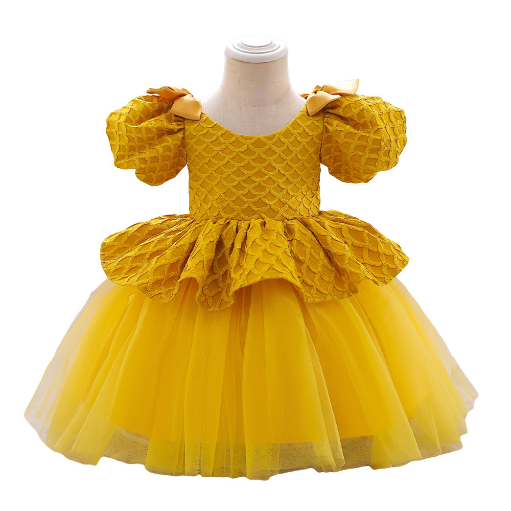 Girls Yellow Self Design Puff Sleeves Net Fit & Flare Dress