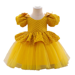 Girls Yellow Self Design Puff Sleeves Net Fit & Flare Dress