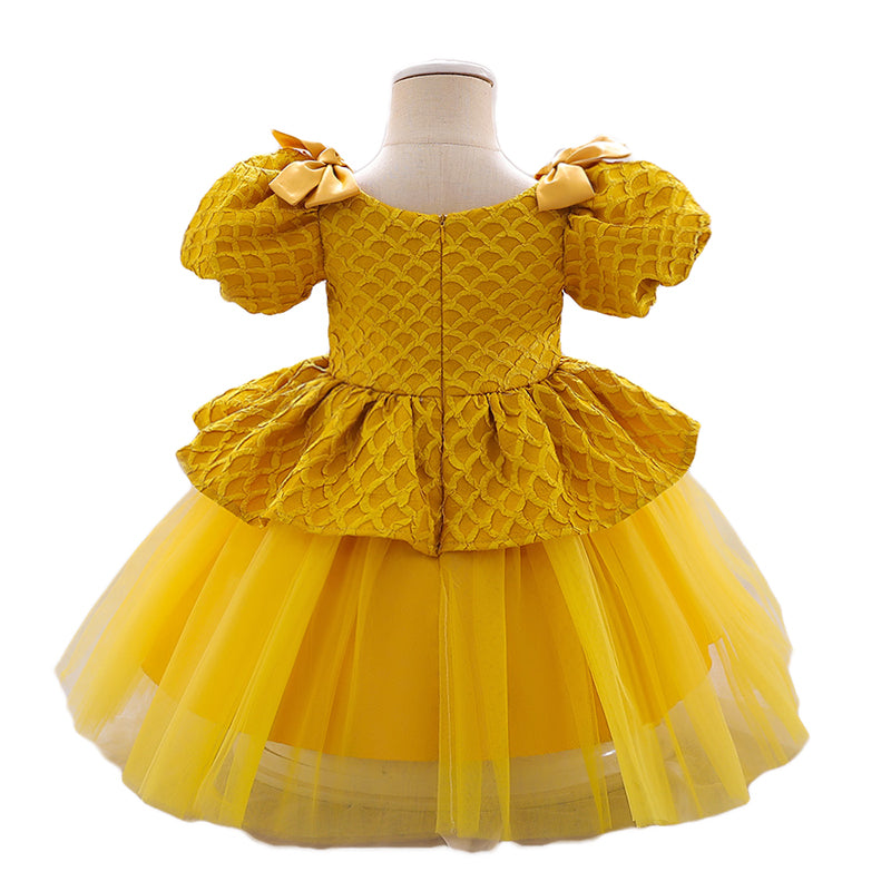 Girls Yellow Self Design Puff Sleeves Net Fit & Flare Dress