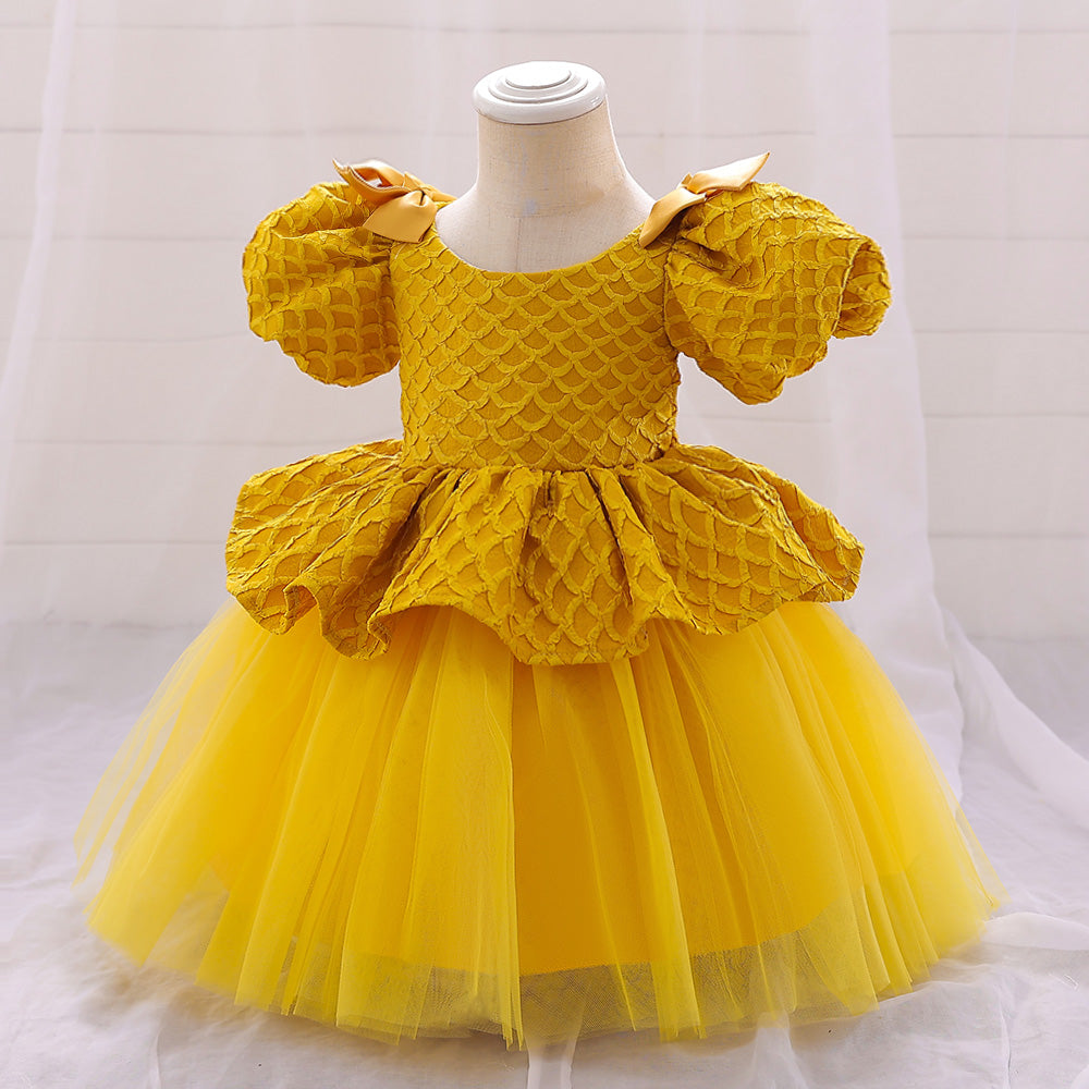 Girls Yellow Self Design Puff Sleeves Net Fit & Flare Dress