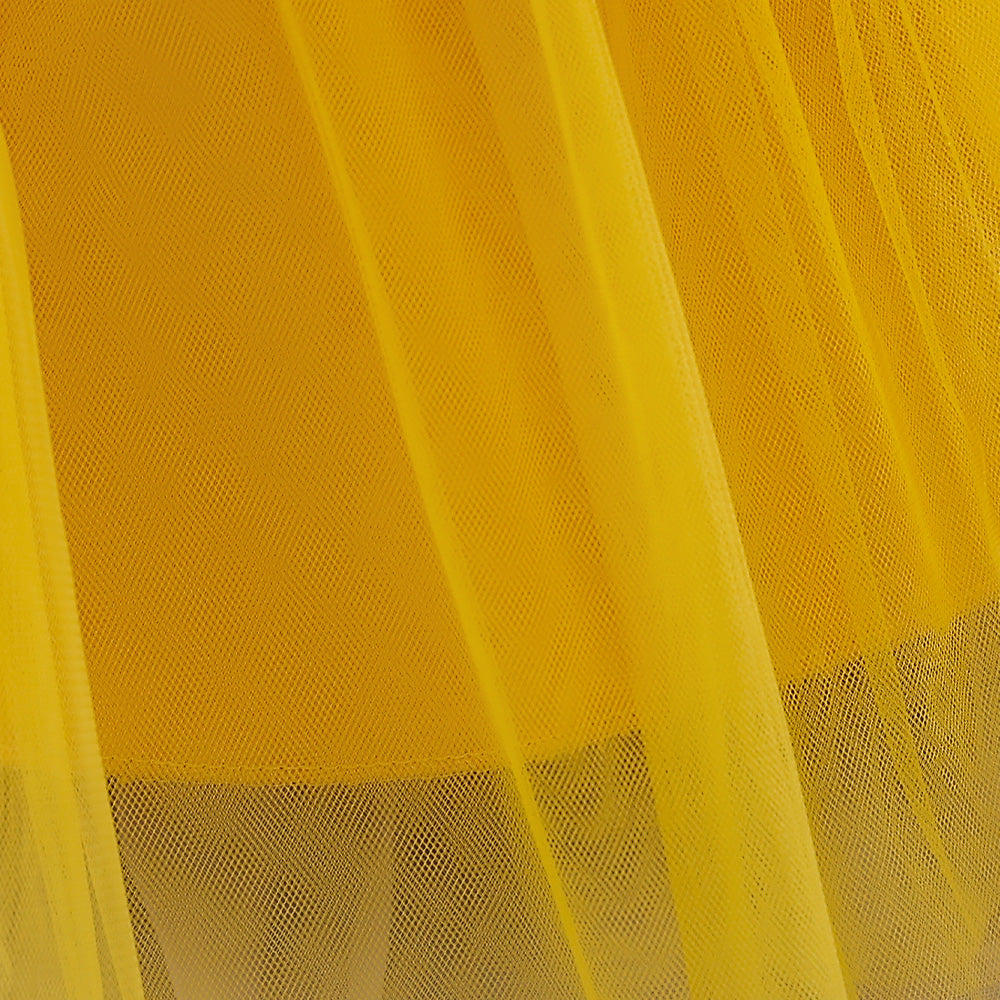 Girls Yellow Self Design Puff Sleeves Net Fit & Flare Dress