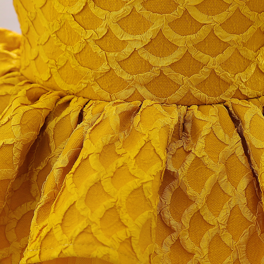 Girls Yellow Self Design Puff Sleeves Net Fit & Flare Dress