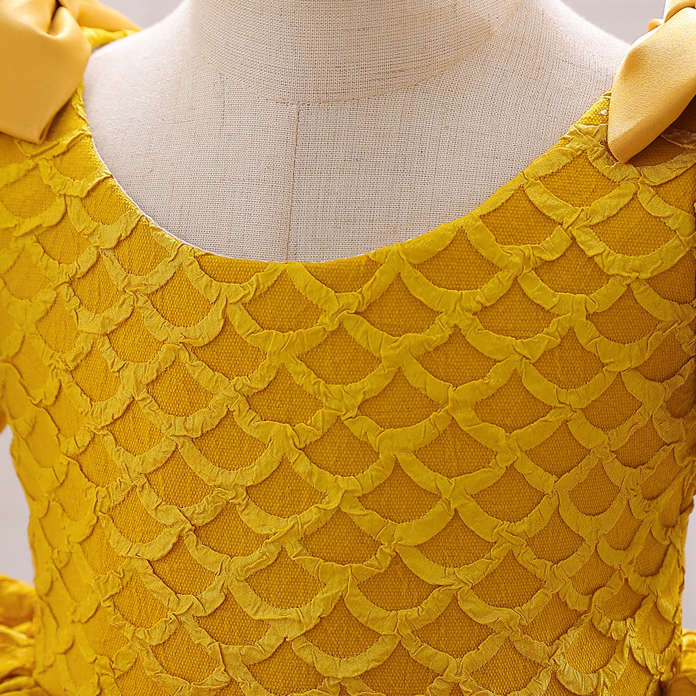 Girls Yellow Self Design Puff Sleeves Net Fit & Flare Dress