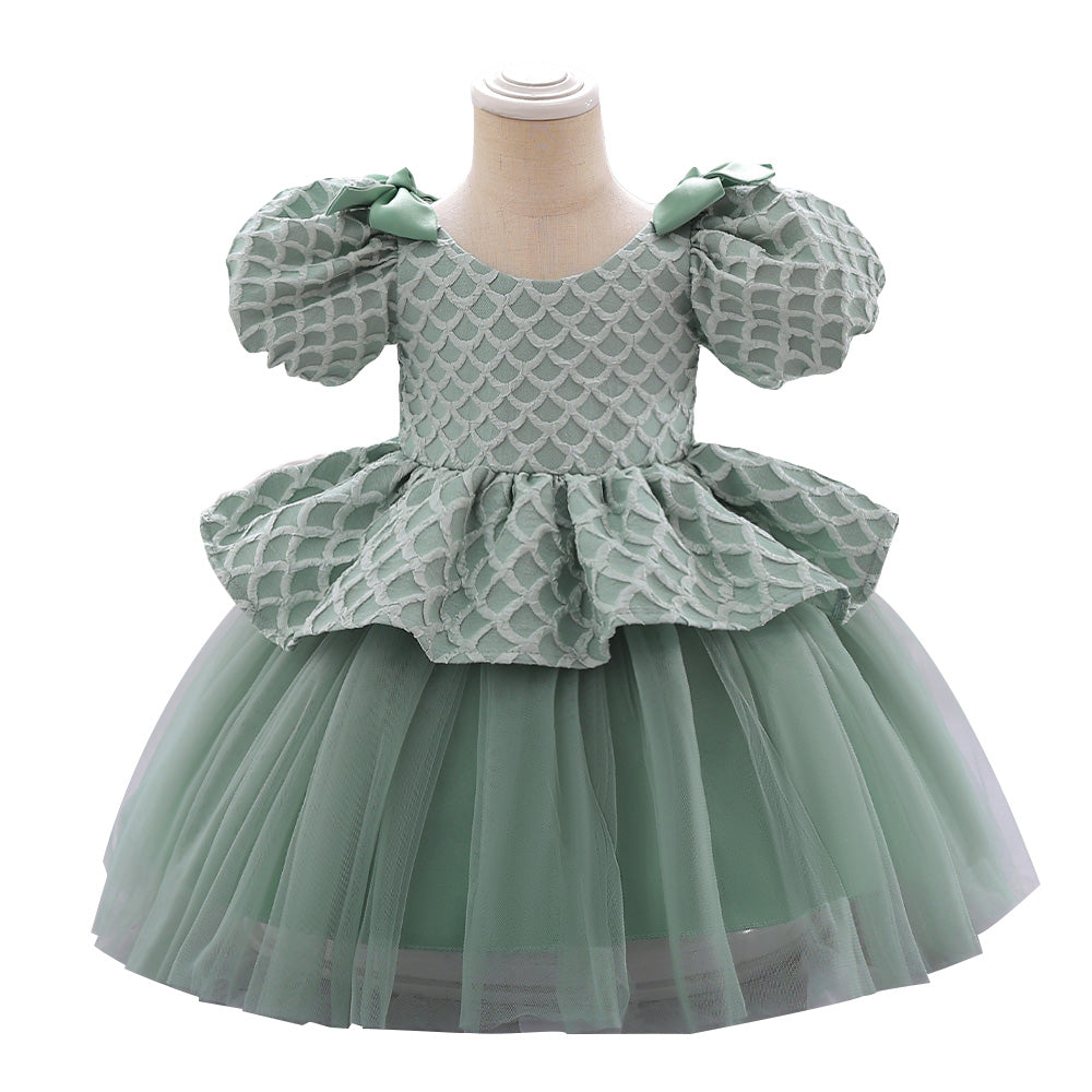 Green Girls Self Designed Puff Sleeve Ruffled Balloon Dress