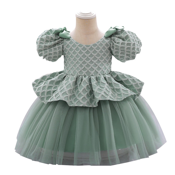 Green Girls Self Designed Puff Sleeve Ruffled Balloon Dress