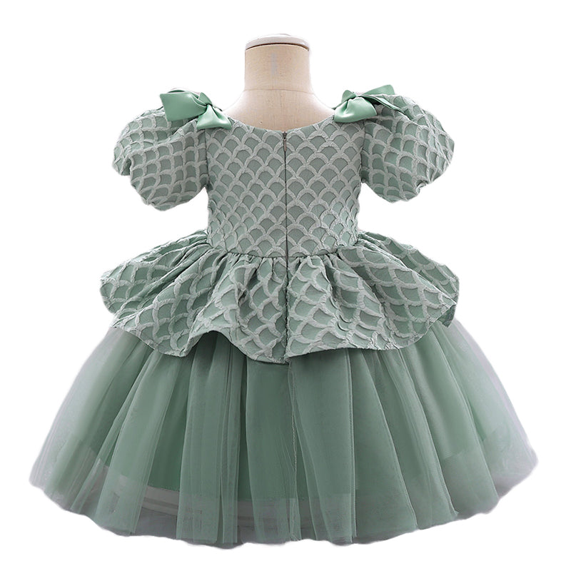 Green Girls Self Designed Puff Sleeve Ruffled Balloon Dress
