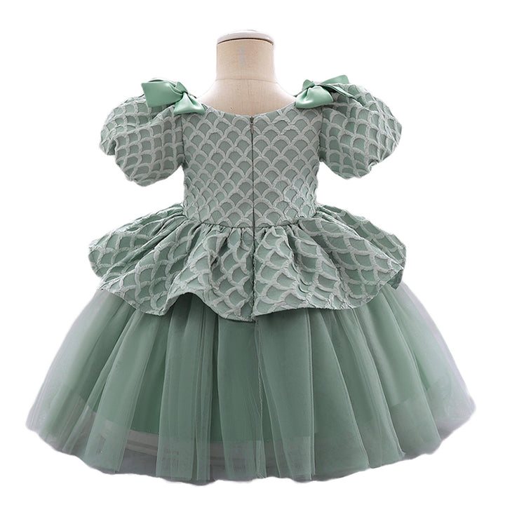 Green Girls Self Designed Puff Sleeve Ruffled Balloon Dress