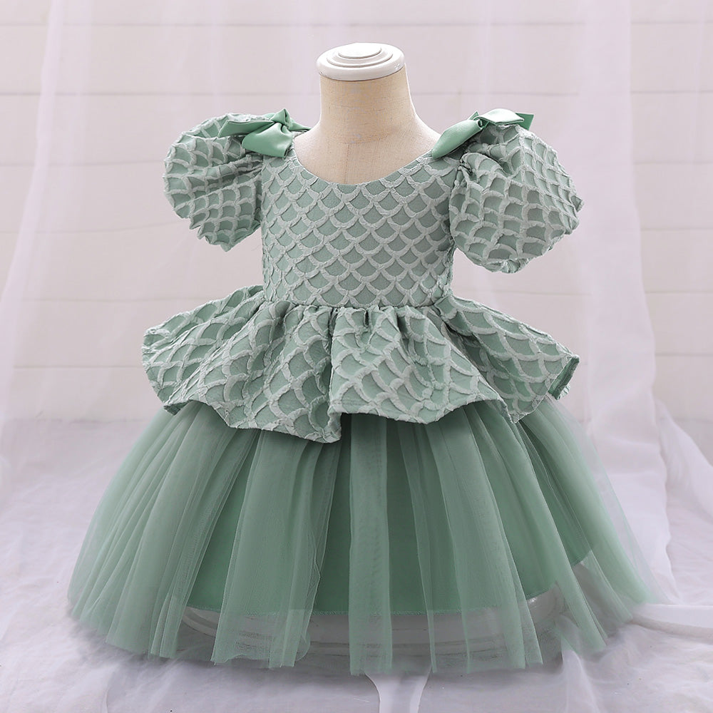 Green Girls Self Designed Puff Sleeve Ruffled Balloon Dress