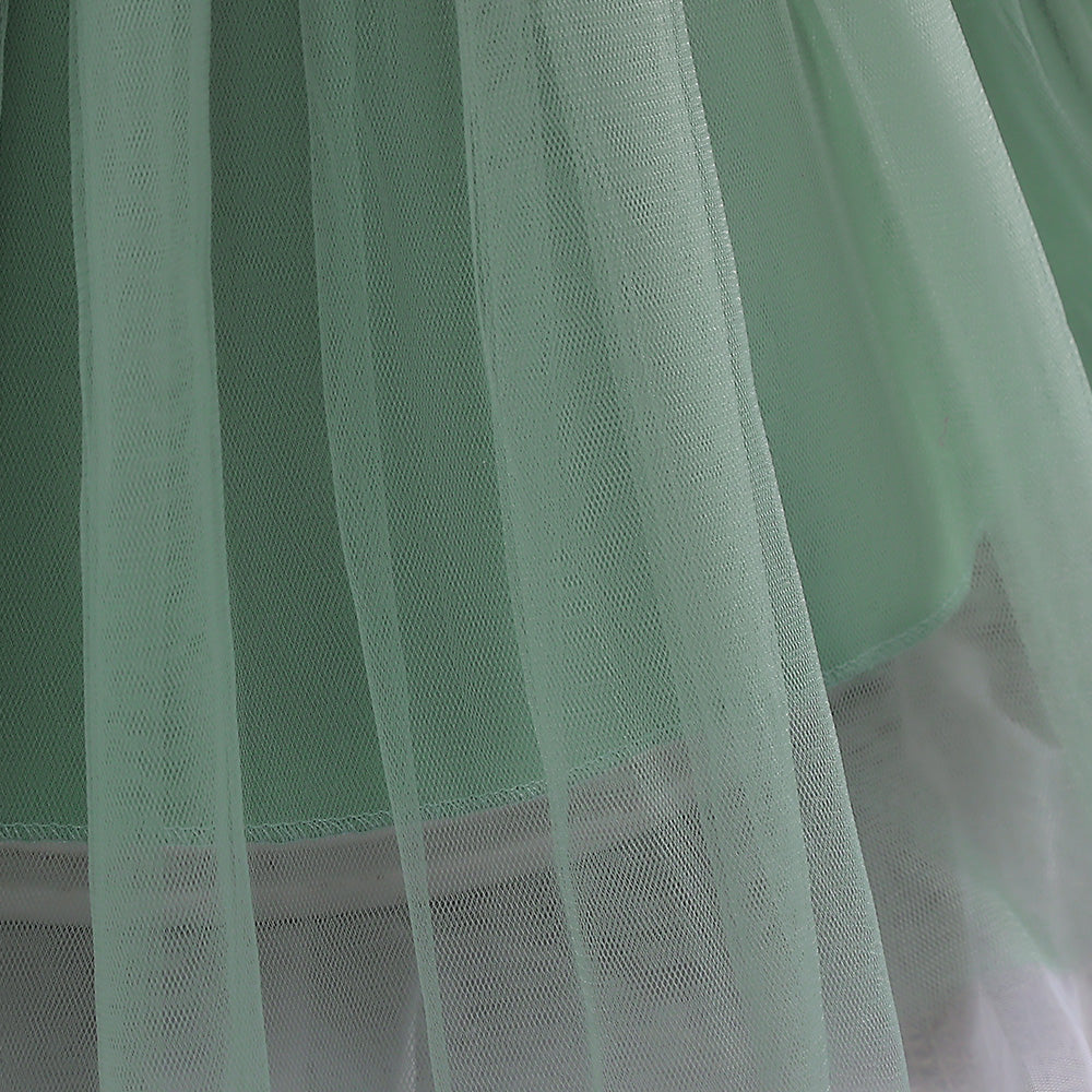 Green Girls Self Designed Puff Sleeve Ruffled Balloon Dress
