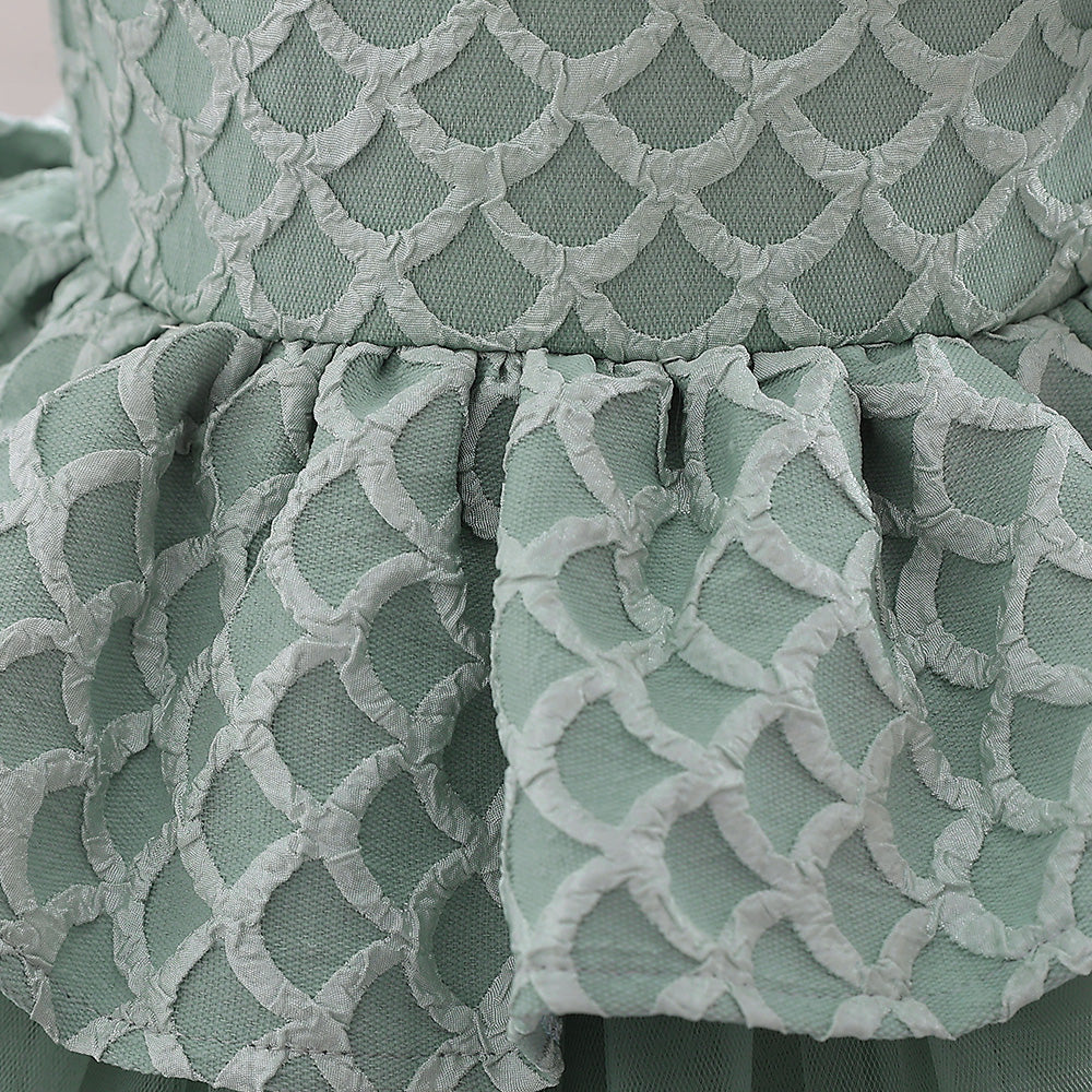Green Girls Self Designed Puff Sleeve Ruffled Balloon Dress