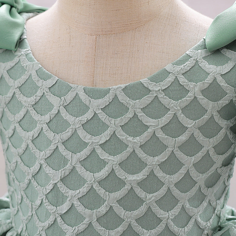 Green Girls Self Designed Puff Sleeve Ruffled Balloon Dress