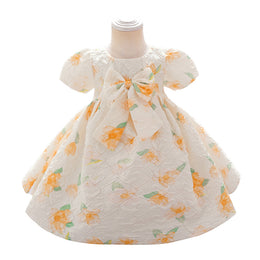 Beige Girls Floral Printed Bow Fit & Flare Maxi Dress