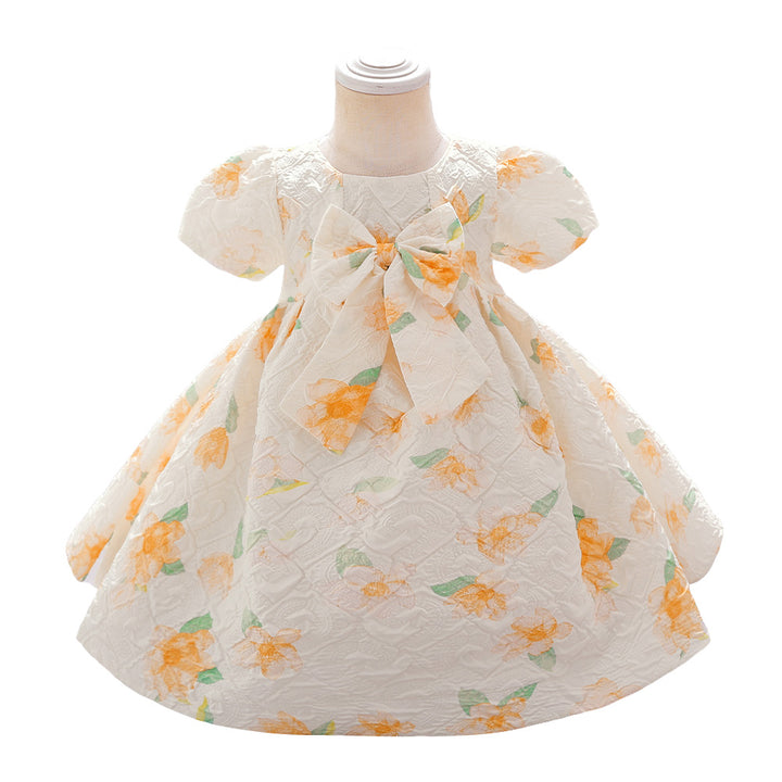 Beige Girls Floral Printed Bow Fit & Flare Maxi Dress