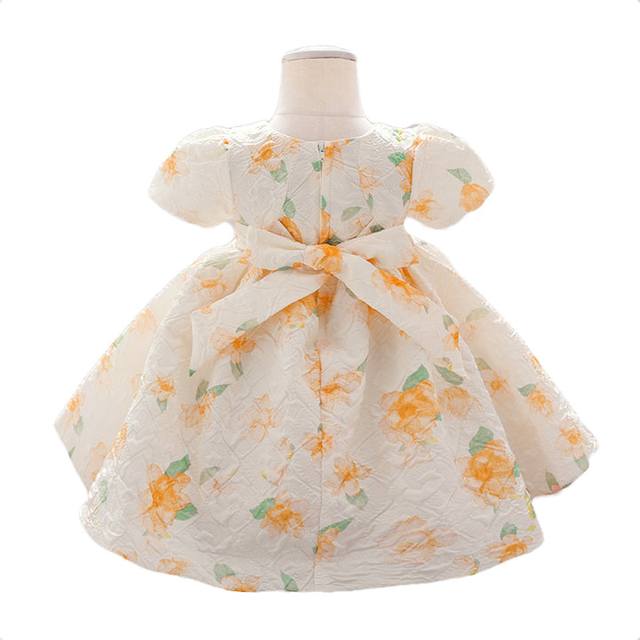 Beige Girls Floral Printed Bow Fit & Flare Maxi Dress