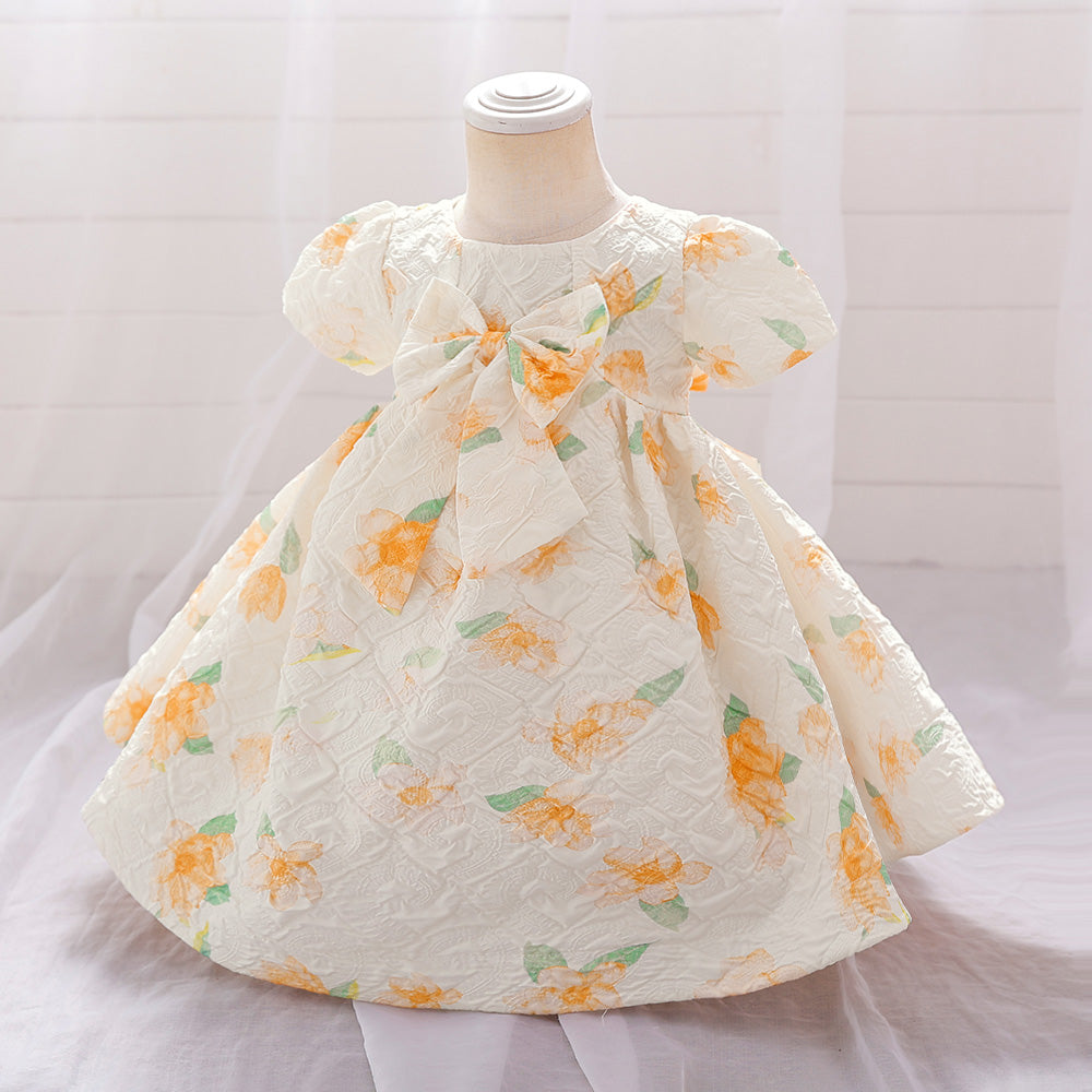 Beige Girls Floral Printed Bow Fit & Flare Maxi Dress