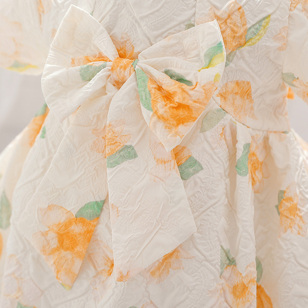 Beige Girls Floral Printed Bow Fit & Flare Maxi Dress