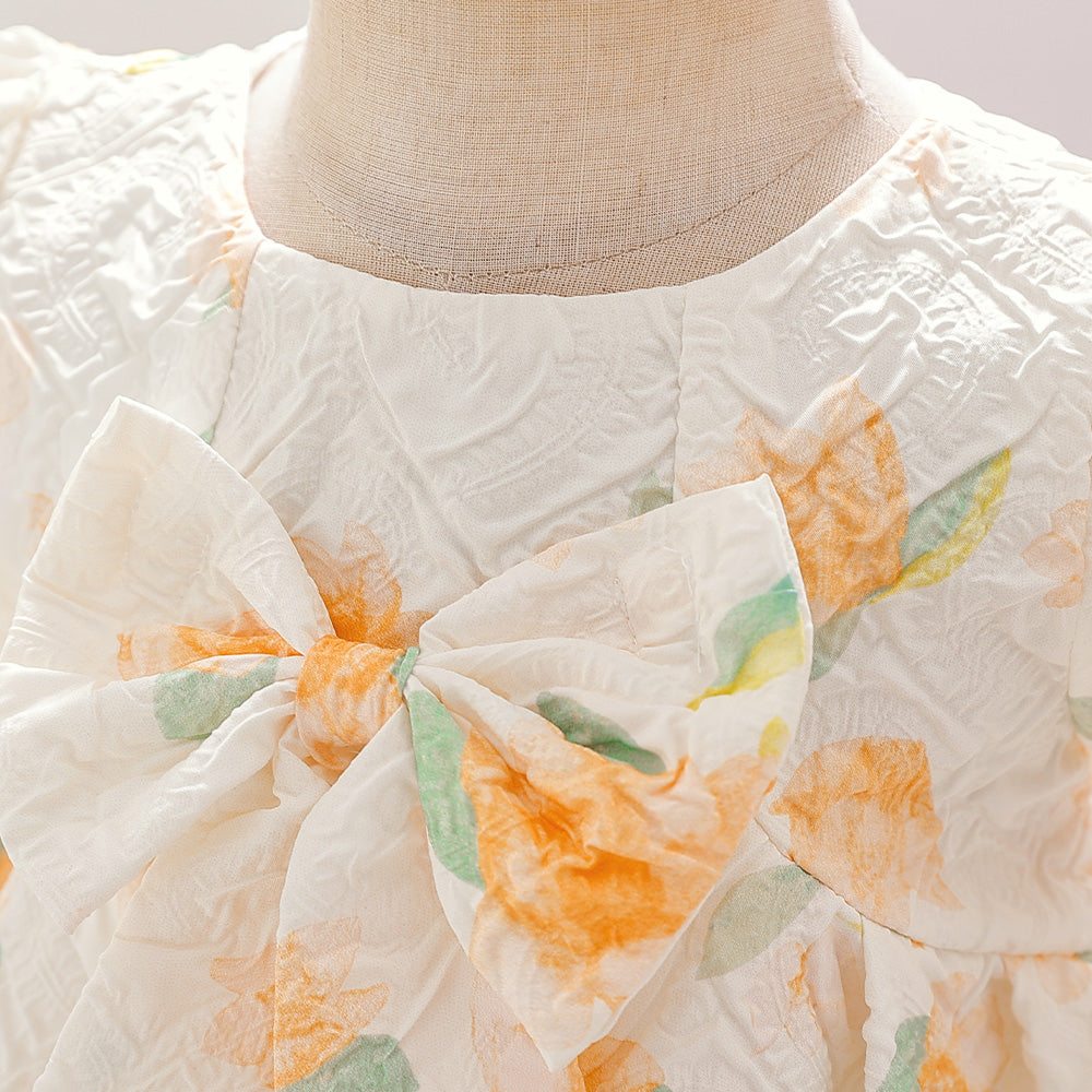 Beige Girls Floral Printed Bow Fit & Flare Maxi Dress