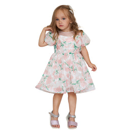 Girls Pink & Green Floral Print Puff Sleeves A-Line Dress
