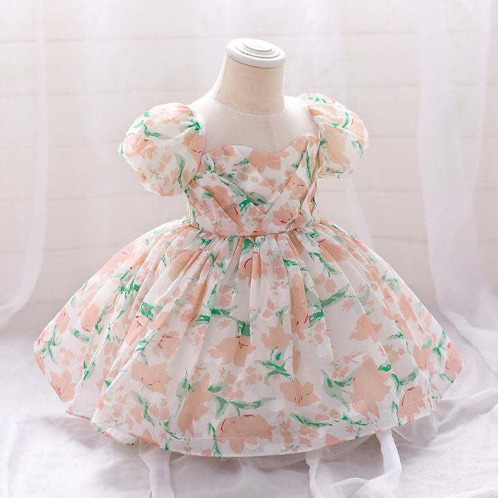 Girls Pink & Green Floral Print Puff Sleeves A-Line Dress