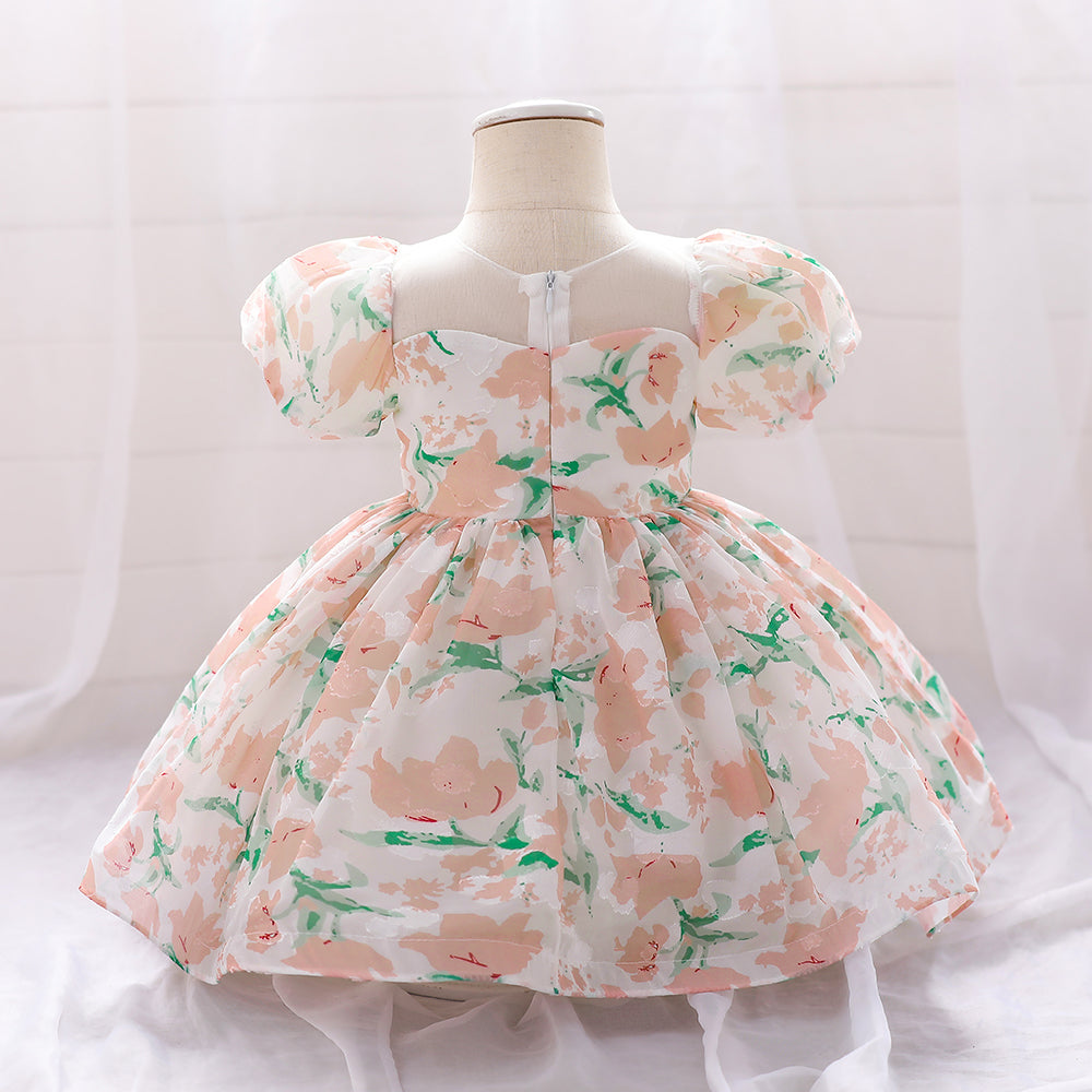 Girls Pink & Green Floral Print Puff Sleeves A-Line Dress