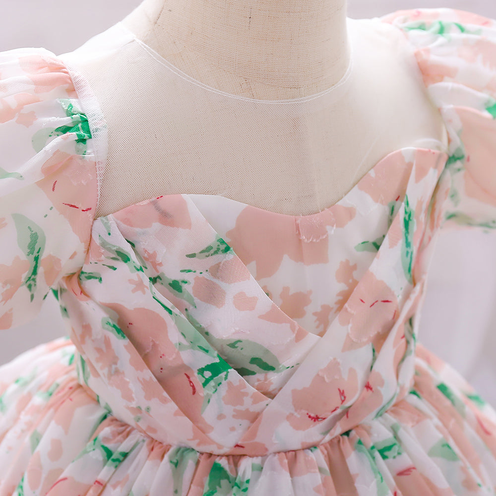Girls Pink & Green Floral Print Puff Sleeves A-Line Dress